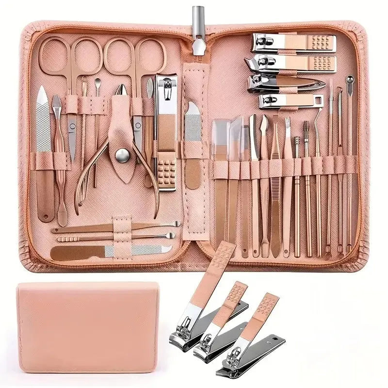30-piece stainless steel manicure and pedicure tool set displayed in pink, blue, rose gold, black, and green colour options.