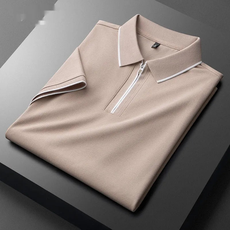 Men's slim fit business casual top with silk lapel in cotton blend fabric, short sleeve