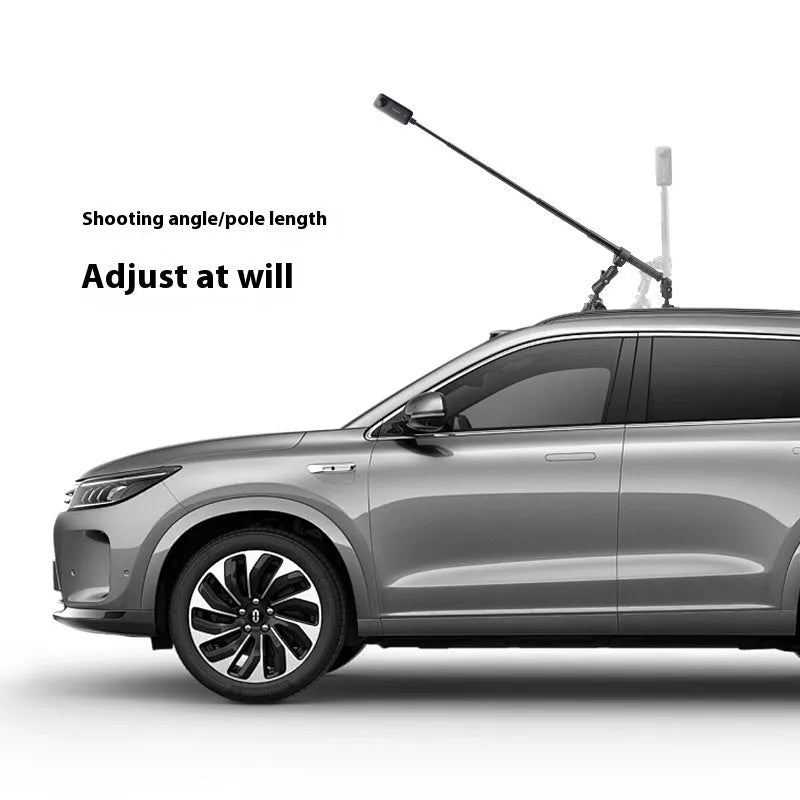 Panoramic camera suction cup bracket with 1.2m extension rod on car roof surface, nylon and alloy build