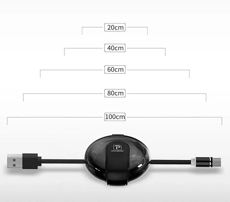 Black 3-in-1 magnetic retractable car phone charger with three plug heads and magnetic patch
