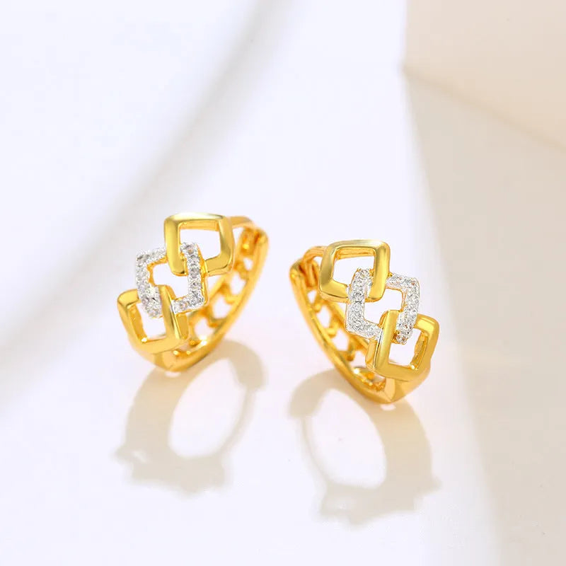 Gold geometric hollow out alloy earrings with ear clip fastening
