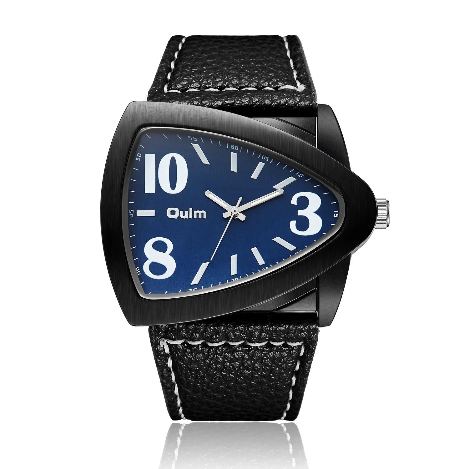 Men's casual quartz watch with triangular belt buckle in brown colour option showing 9mm slim profile