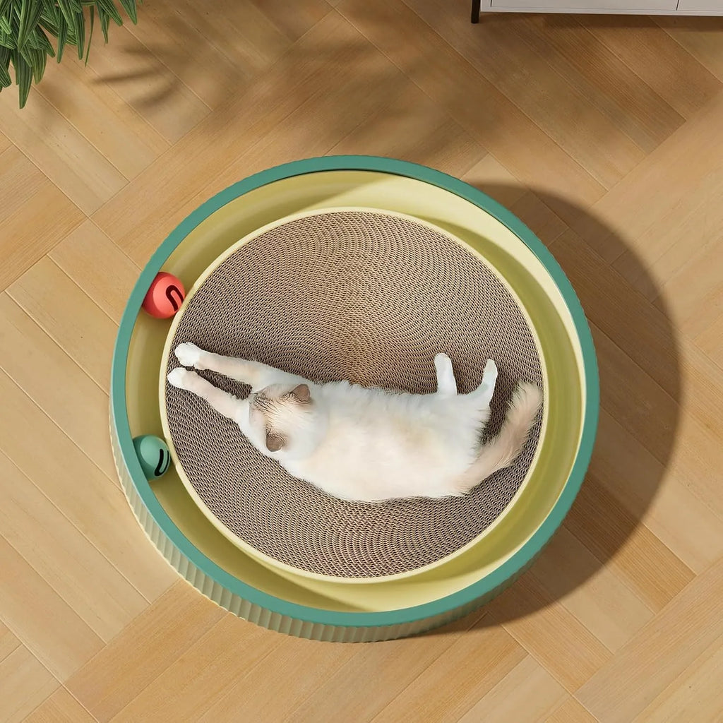 Large circular cat scratching board with ball toys and replaceable cardboard core