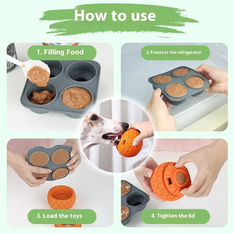 Green and orange natural rubber hollow ball dog toy for slow feeding and chewing.