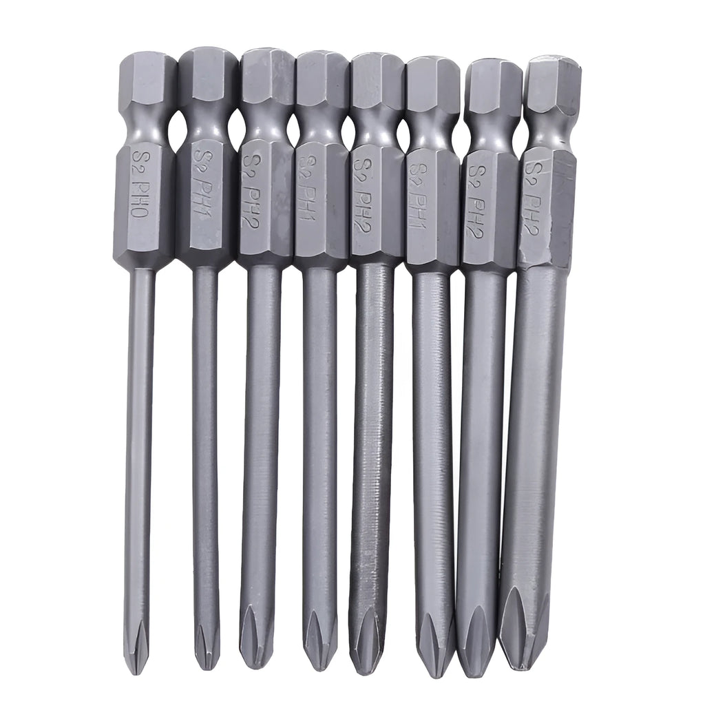 Set of eight long silver magnetic Phillips screwdriver bits with 1/4 inch hex shanks on a white background.