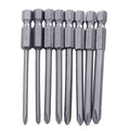 Set of eight long silver magnetic Phillips screwdriver bits with 1/4 inch hex shanks on a white background.