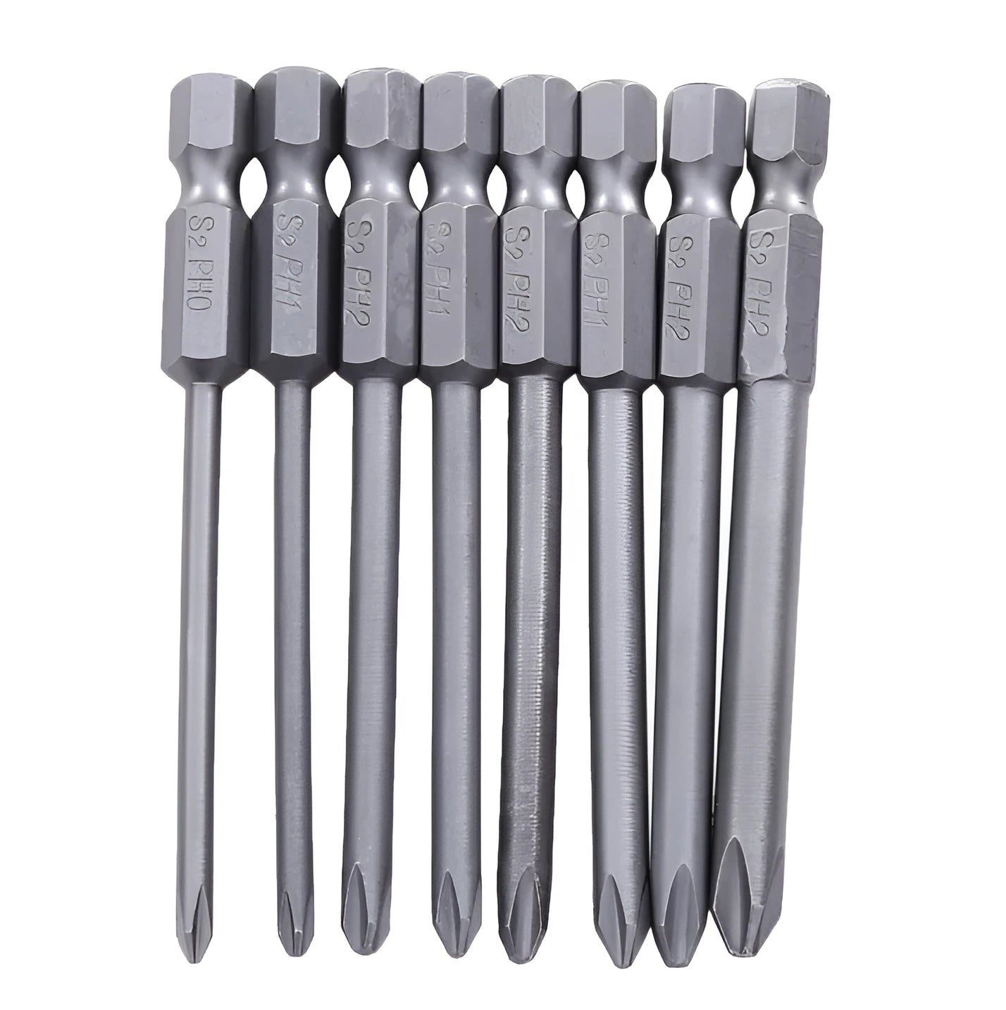 Set of eight long silver magnetic Phillips screwdriver bits with 1/4 inch hex shanks on a white background.