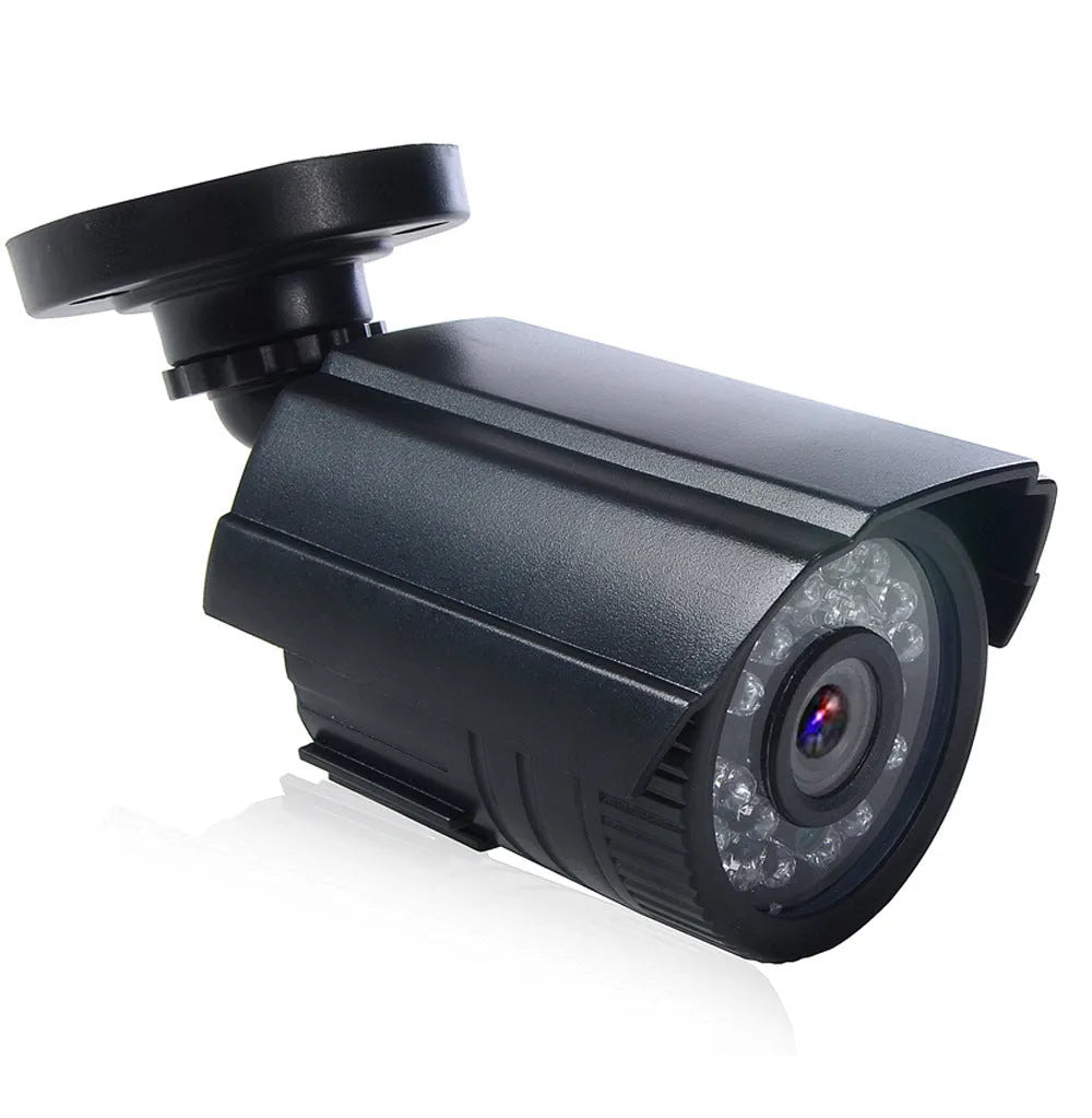 A black, waterproof 720P HD security camera with a fixed lens and infrared LEDs for night vision.