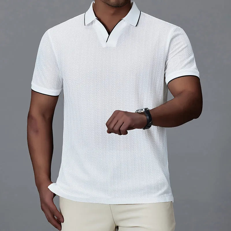 Men's loose fit short sleeve ice silk nylon polo shirt in black on a hanger