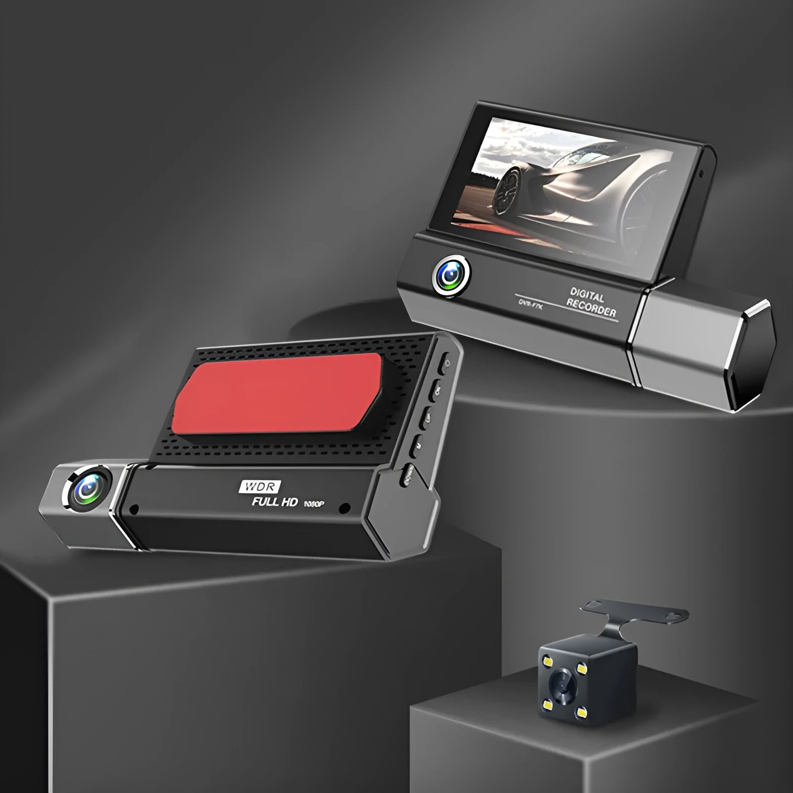 Black three-lens car dash cam with touch screen for 1080p HD vehicle recording