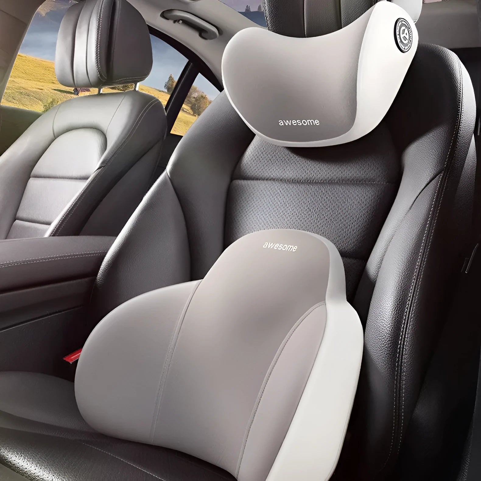 Automotive memory foam headrest and lumbar support pillows with cotton covers in various two-tone colours.
