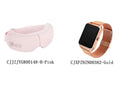 White and pink smart watch with attached suede cloth eye massager showing display and control buttons.