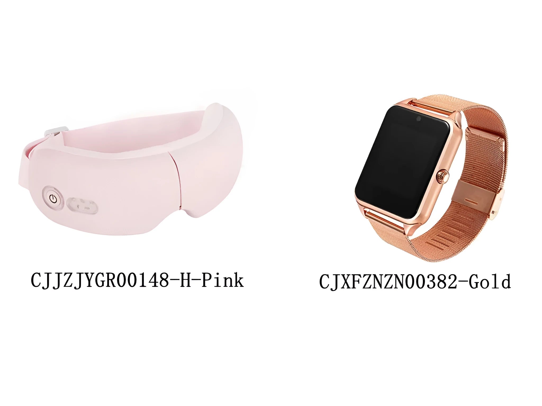 White and pink smart watch with attached suede cloth eye massager showing display and control buttons.