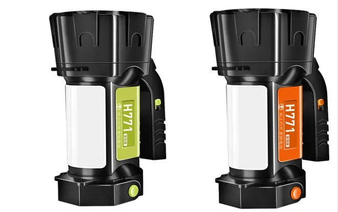 Orange portable LED work lamp with adjustable brightness, side lights, and removable battery on shoulder strap.