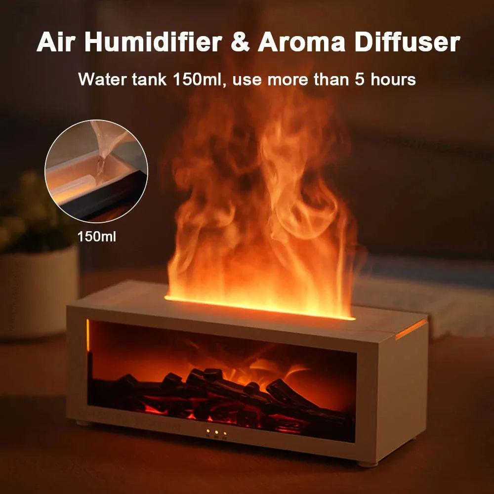 Square desktop flame effect essential oil diffuser humidifier with coloured LED base and remote control.