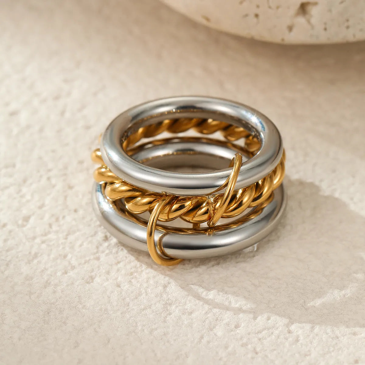 Stacked colour matching stainless steel ring with 18K gold plating and exaggerated personalised design