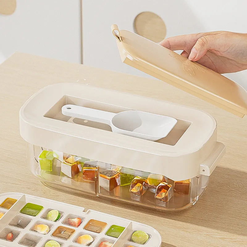 Blue high capacity ice cube tray with grid design and leverage mechanism including shovel