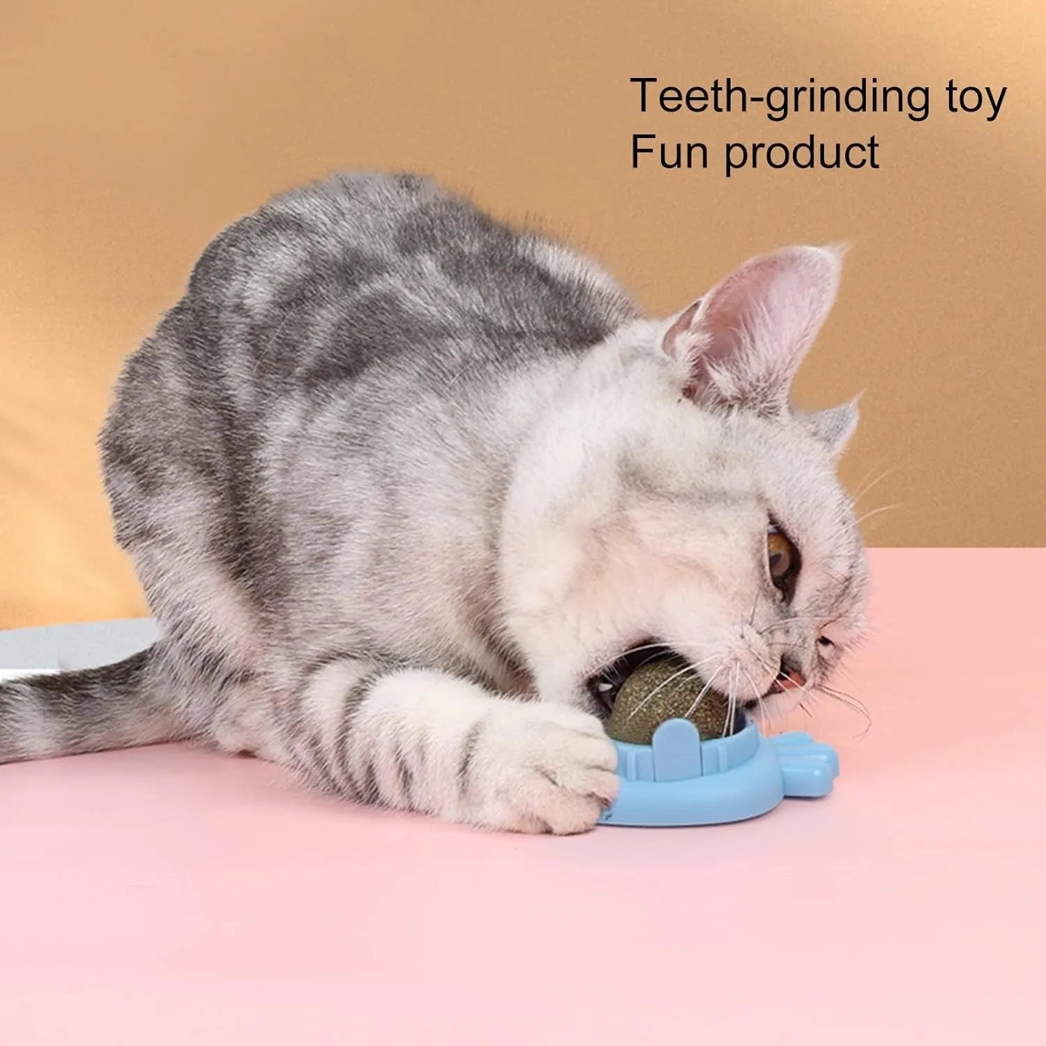 Blue carrot-shaped catnip ball with self-adhesive sticker for wall mounting and cat dental cleaning