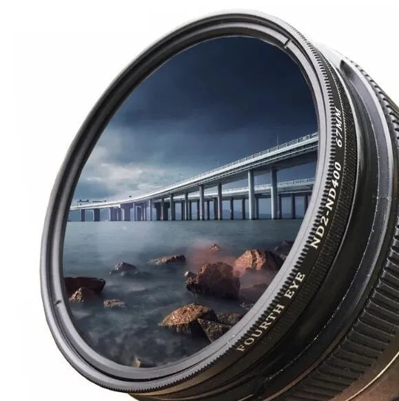 Set of neutral density camera lens filters in ND2, ND4, ND8, and ND400 with various thread sizes from 37mm to 95mm.
