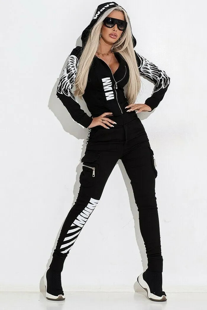 Black women's hooded casual suit with print, featuring a zipper top and matching trousers.