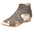 Rhinestones Roman sandals with peep toe and back zip design, PU upper, available in beige