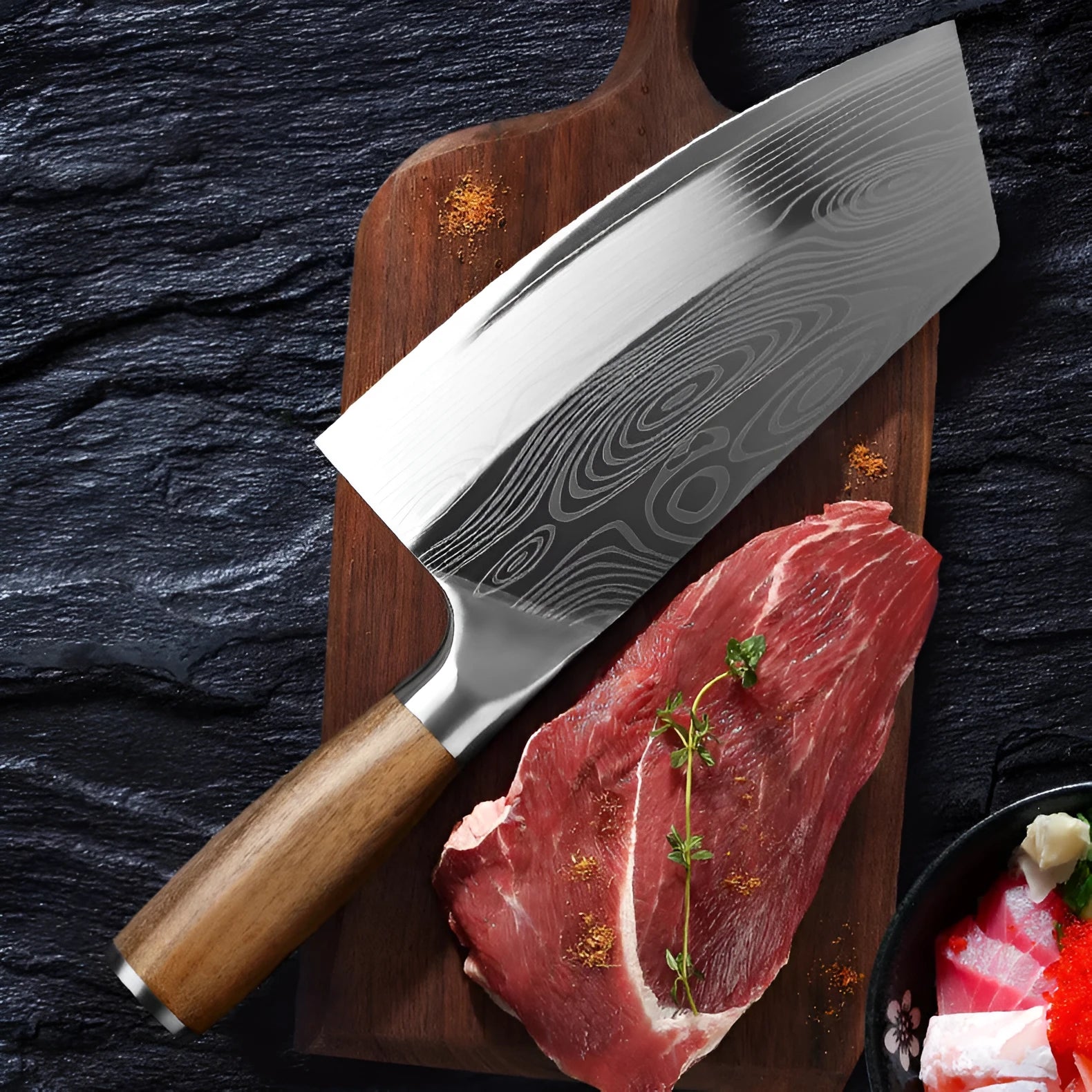 A 320mm long stainless steel kitchen knife with a forged blade on a wooden cutting board.