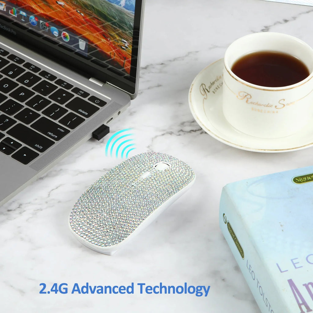 White wireless optical mouse with 4 buttons and 2.4G receiver, 11.2 cm long