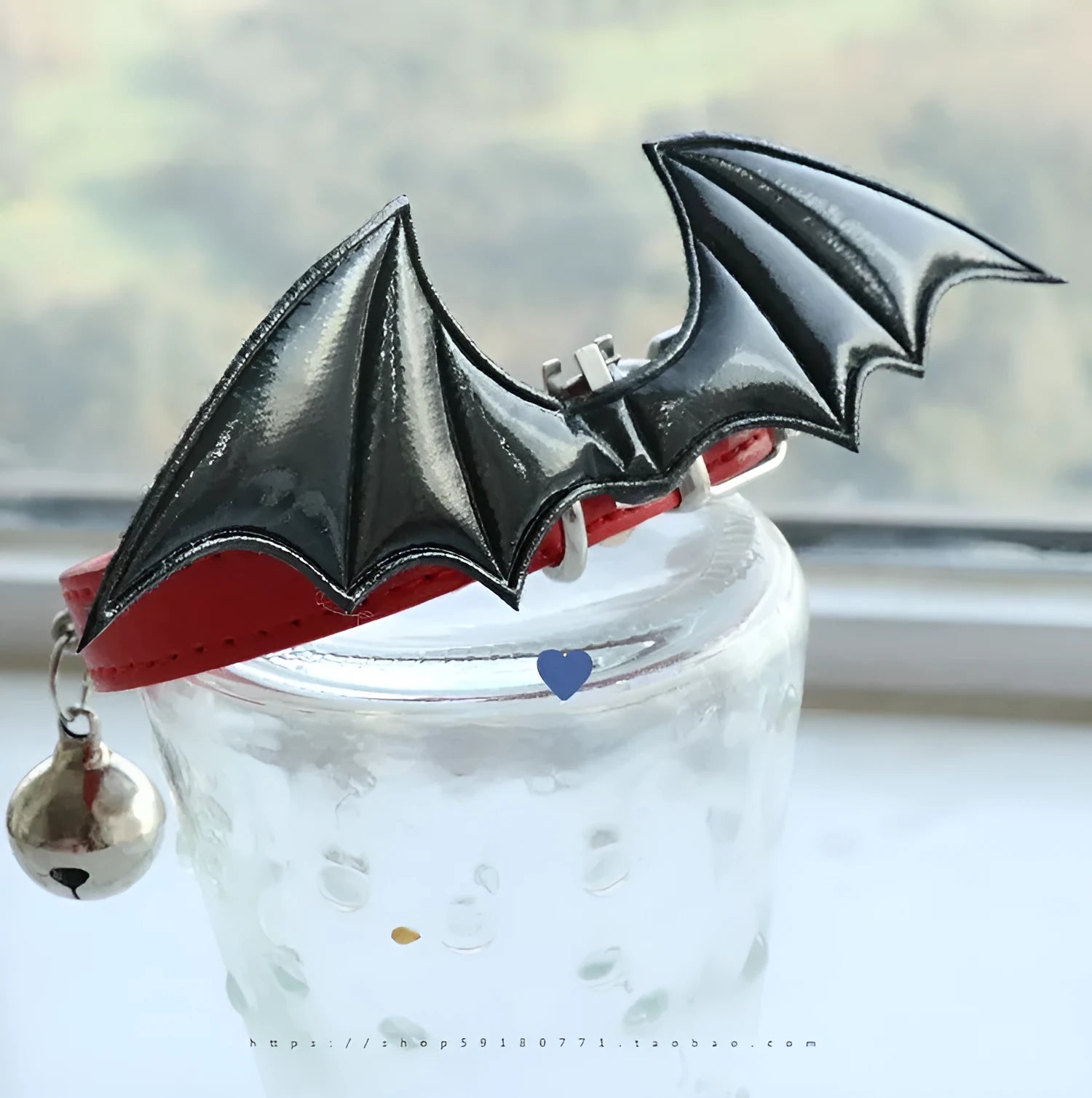 Patent leather satin adult collar with little devil wings and metal bell in multiple colours
