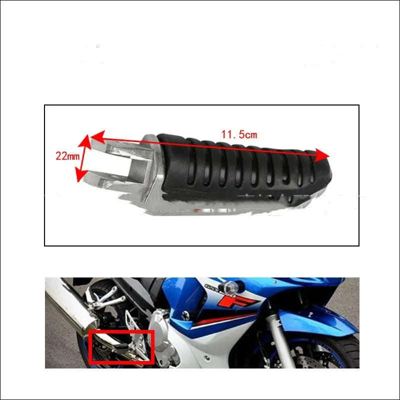 Black aluminium alloy motorcycle foot pegs for Suzuki Hayabusa and V-Strom models.