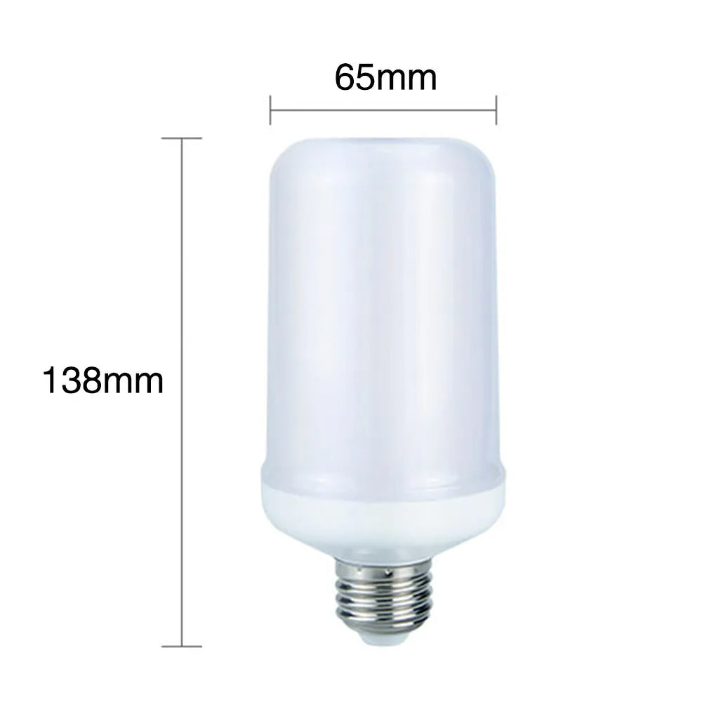 Orange and clear LED flame effect light bulb with flickering fire emulation on an E27 base.