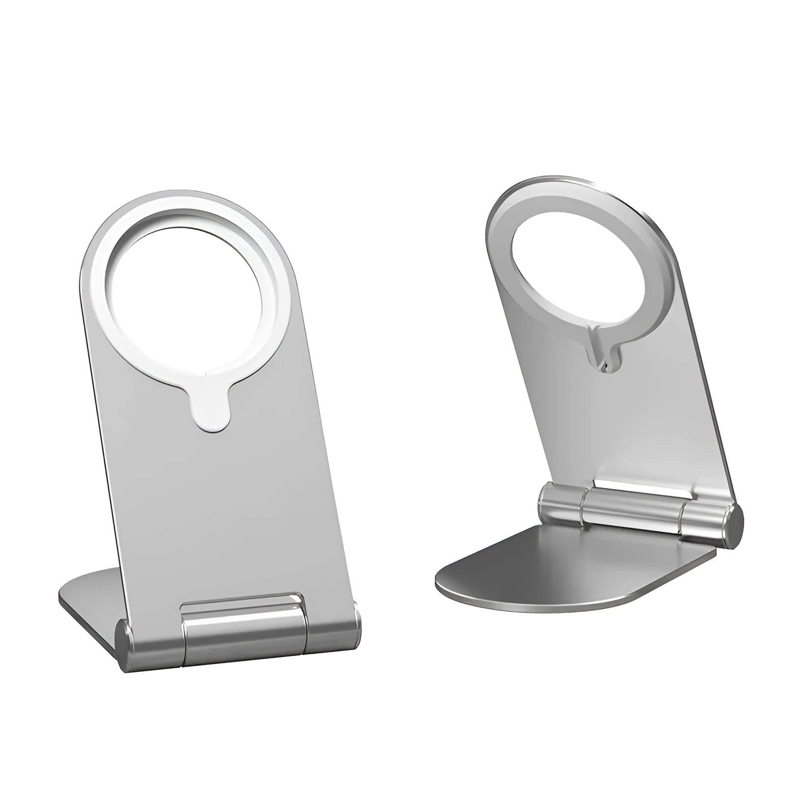 Silver vertical adjustable magnetic phone bracket for iPhone 12 shown in a car and on a desk.