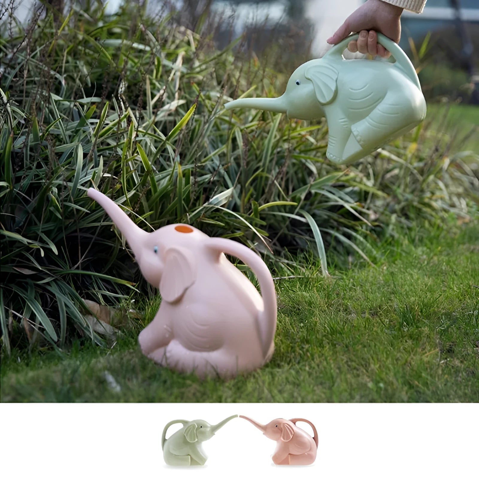 Pink baby elephant-shaped watering can with a long nozzle and bottle-style handle on a table.