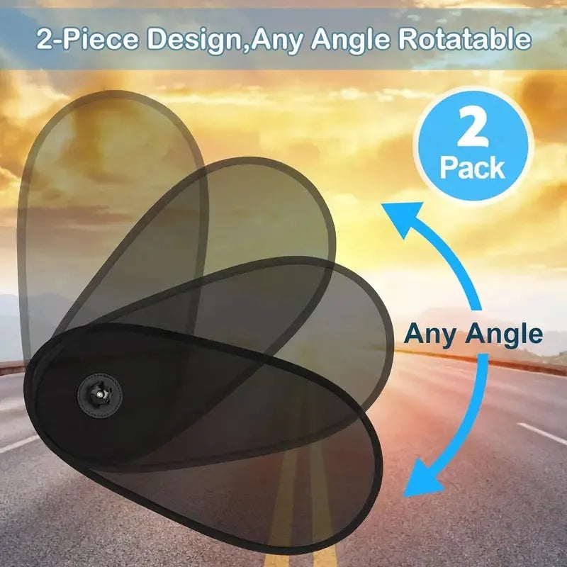 Black stretchy car side window shade with suction cups attached to glass, shown in a collapsed state.