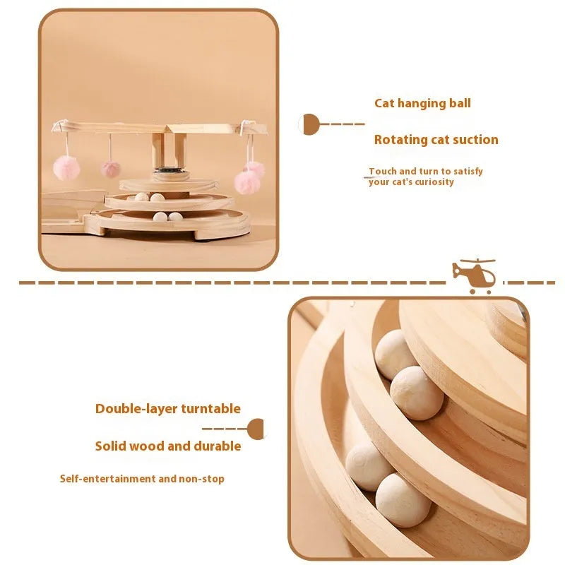 Solid wood cat scratch board toy with turntable design and rotating catch ball in panda column design
