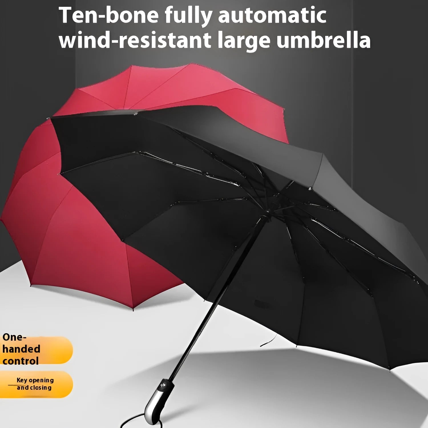 Black triple-folding automatic umbrella open, showing classic palace-style canopy shape.