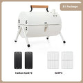 White round portable charcoal grill with chimney oven net, folding for storage.