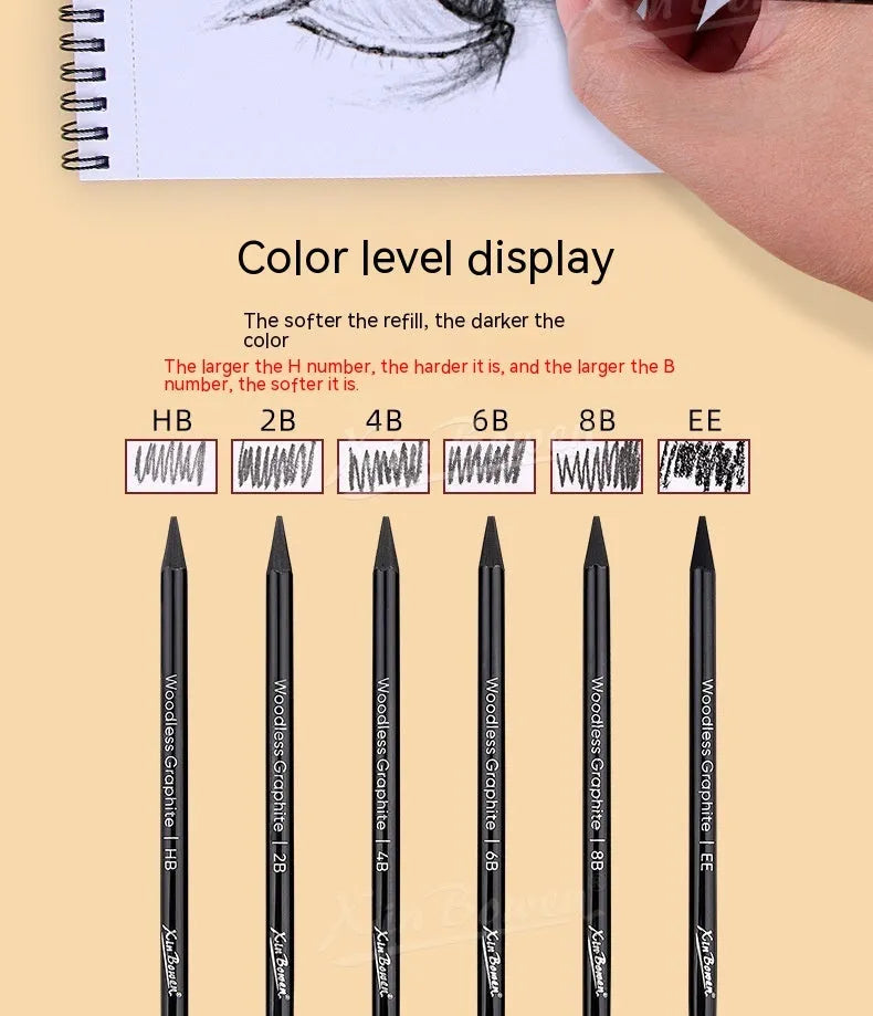 Graphite sketching pencil set with wood-free construction and six hardness grades