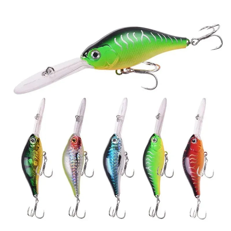 10.5cm long tongue board Mino fishing lure in colour option A, shown alongside other colour variants B through E.