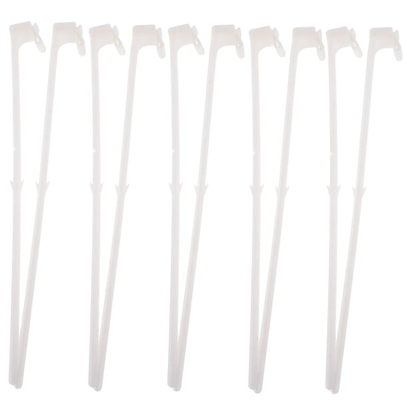 Ten white PP plastic car window flagpole holder clips laid out.