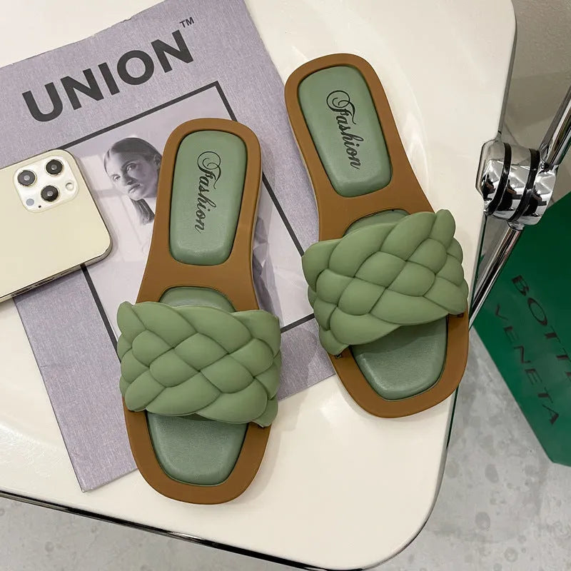 Women's plaid pattern beach sandals with anti-skid thick PVC soles in four colour options