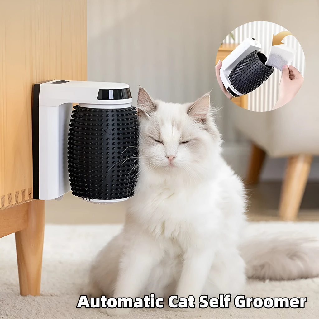 White automatic cat self groomer wall corner brush with silicone bristles