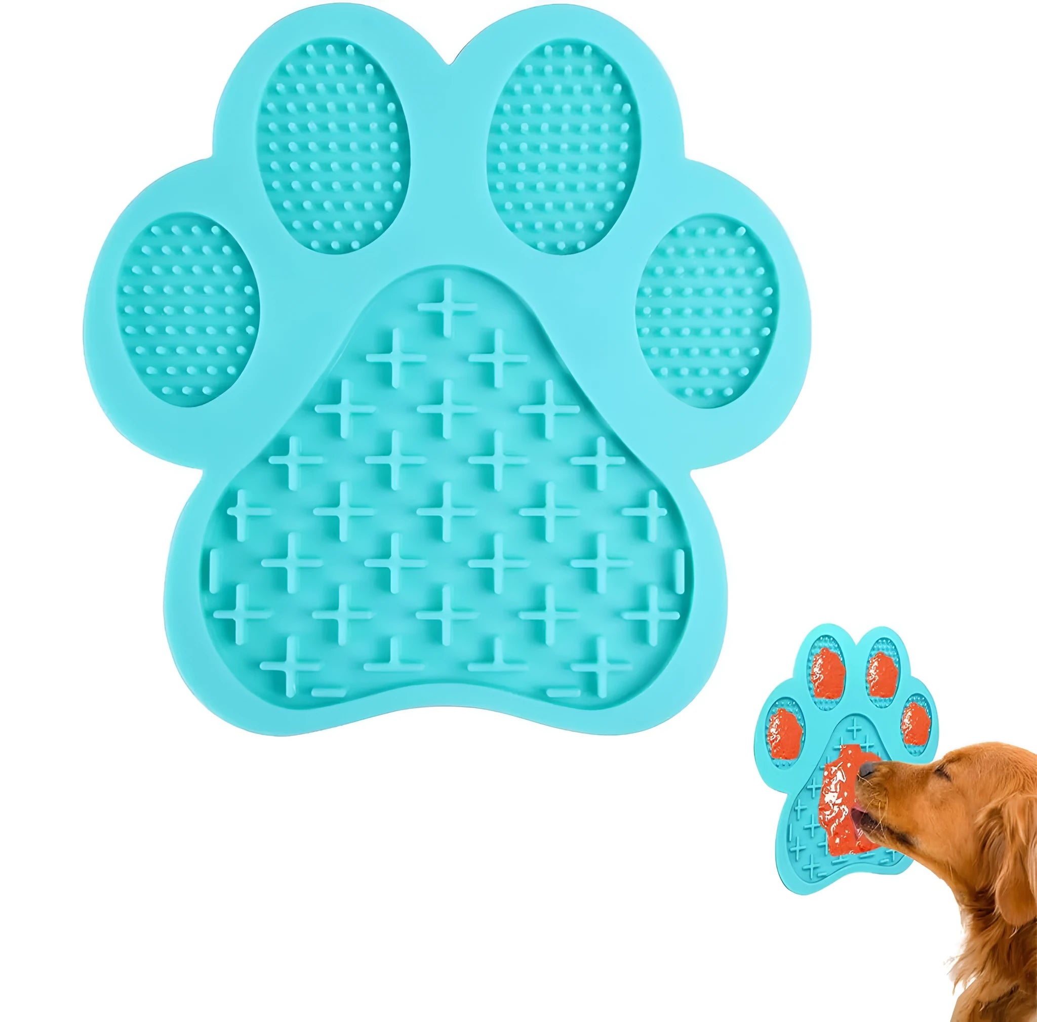 Bone-shaped blue silicone dog licking mat with suction cups on smooth surface