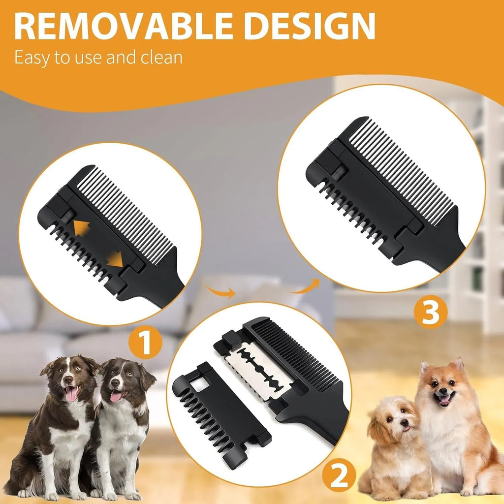 Razor comb for dogs and cats with integrated blade and replacement blades