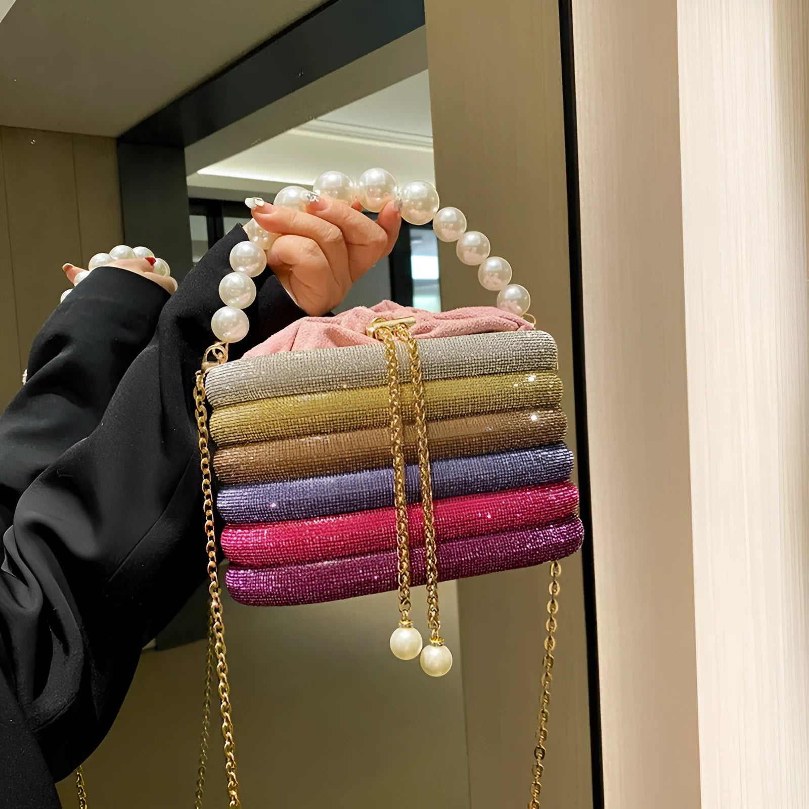 Women's European retro style crossbody bag with pearl bead embellishments and soft PU construction in round suitcase shape