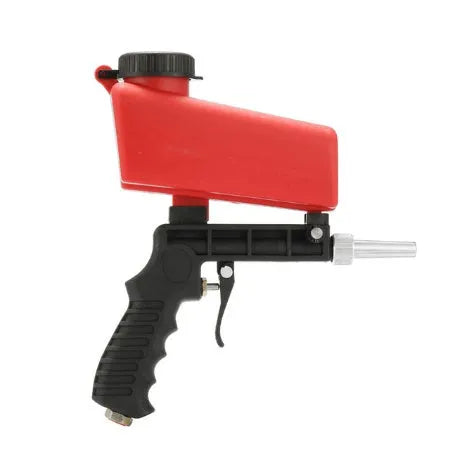 Portable blue pneumatic sandblasting gun with gravity feed tank and nozzle.