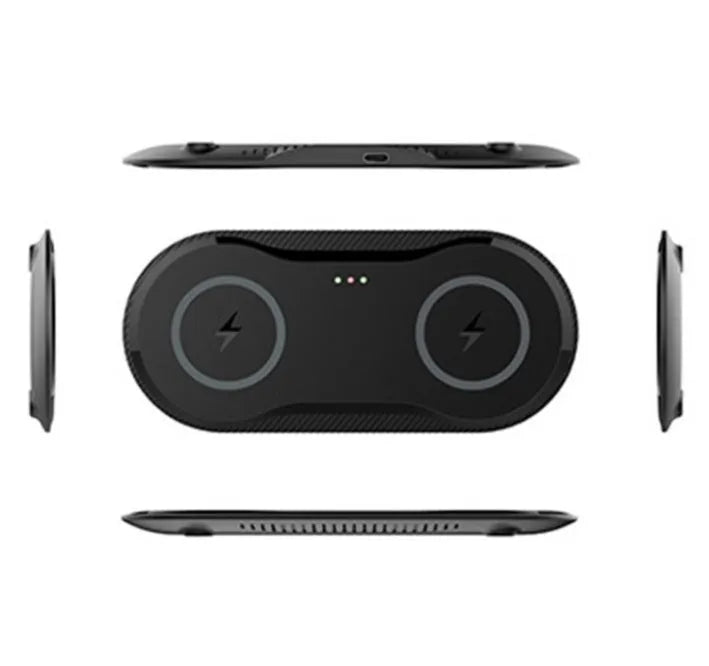 Black dual wireless charging pad showing two smartphones charging simultaneously on a desk.