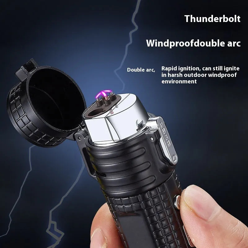 TH727 multi-function metal flashlight lighter shown in camouflage, red, black, blue, and yellow colour options.