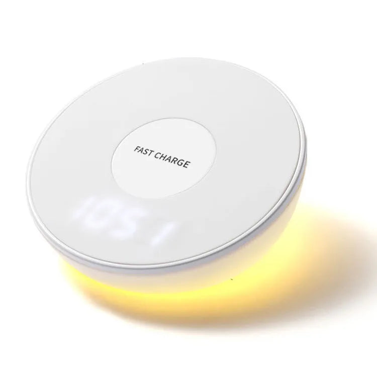 White wireless charger with digital clock display, alarm function and night light for QI smartphones
