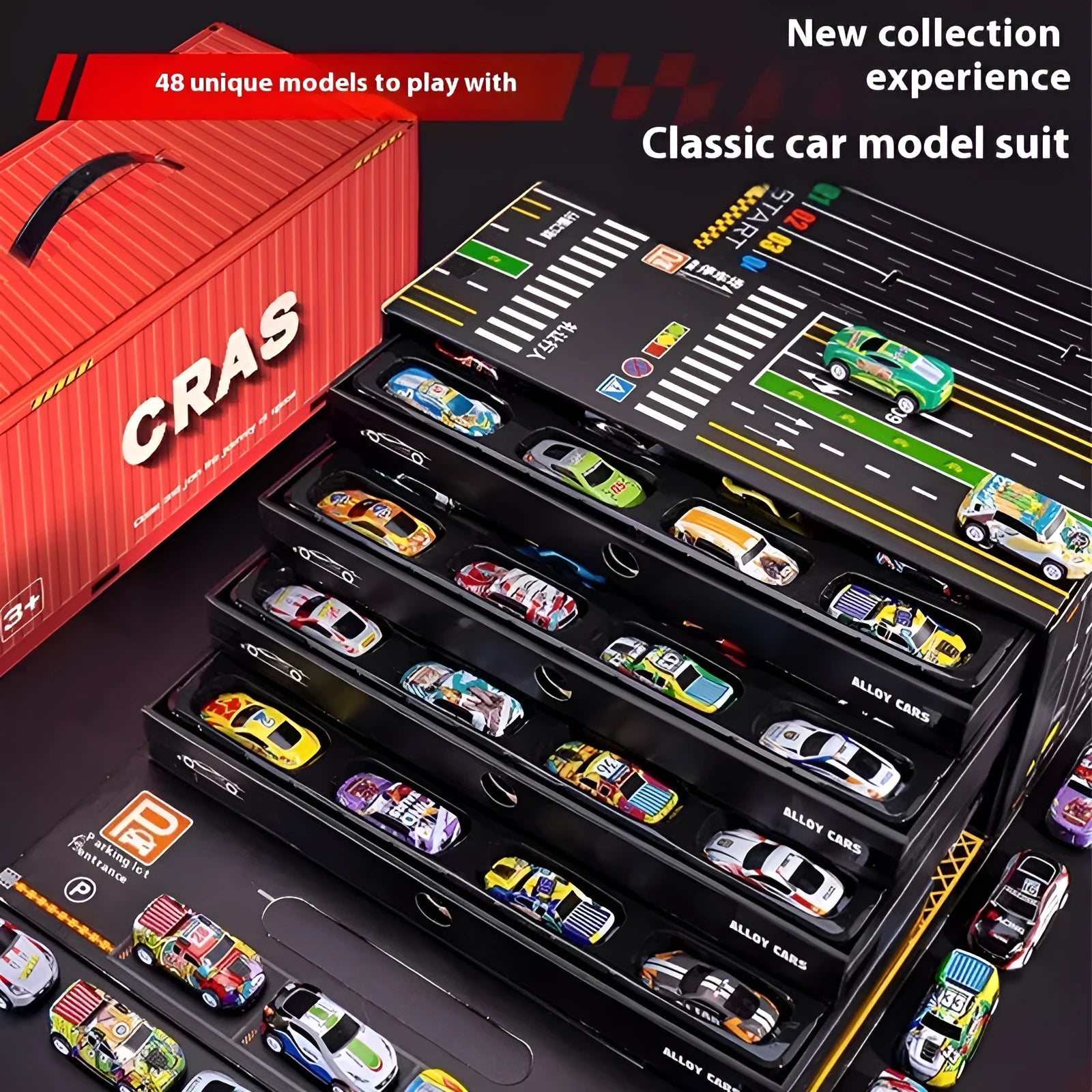 Red gift box containing 48 mixed alloy sliding warrior toy cars for children, each 4x5cm