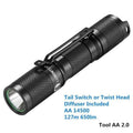 Black Lumintop Tool AA 2.0 aluminium keychain flashlight with magnetic tail cap and diffuser accessory.